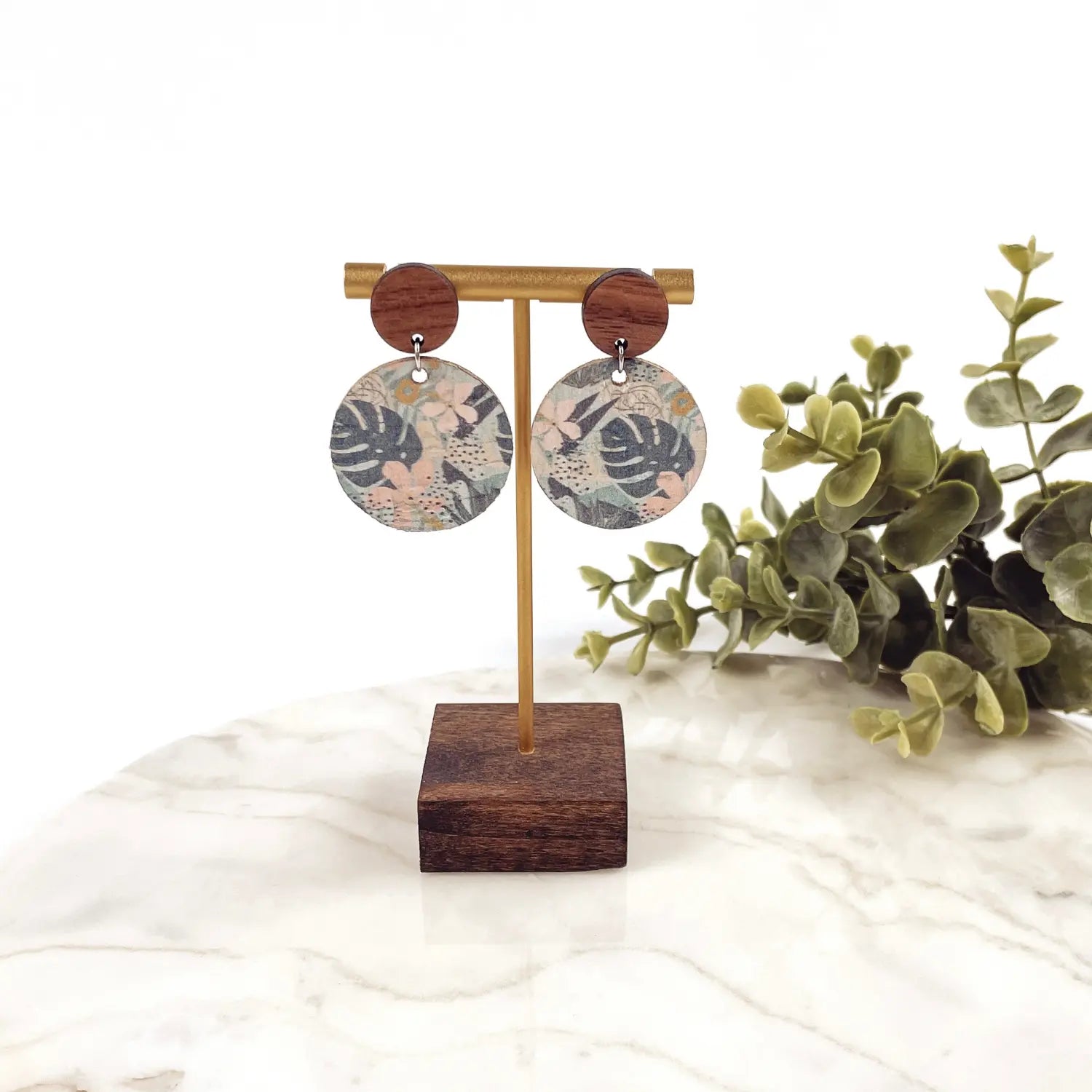 Liyra Cork and Walnut Wood Circle Earrings- Monstera Leaves