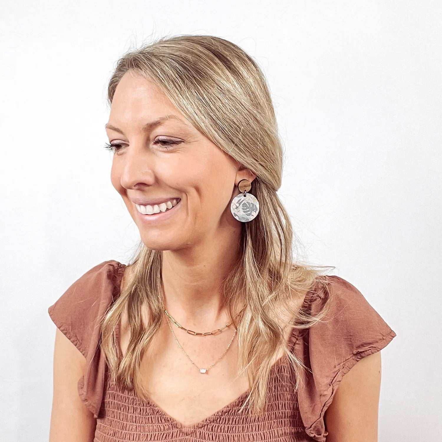 Liyra Cork and Walnut Wood Circle Earrings- Monstera Leaves