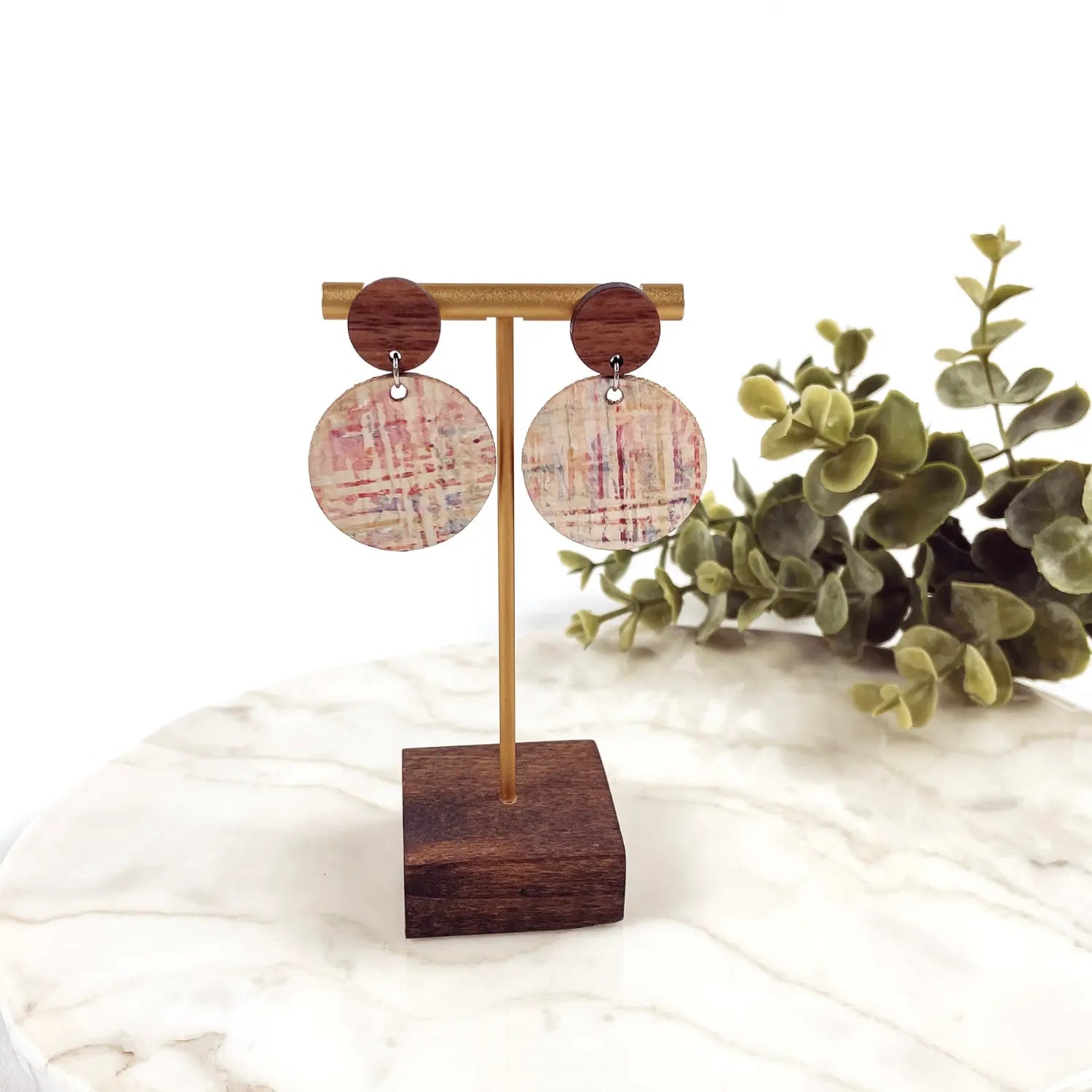 Liyra Cork and Walnut Wood Circle Earrings- Rainbow Pastel