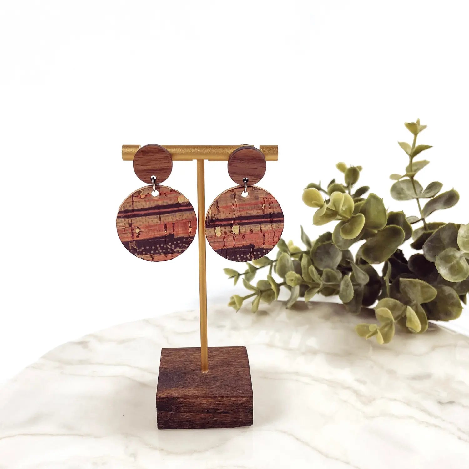 Liyra Cork and Walnut Wood Circle Earrings- Sunset Stripes