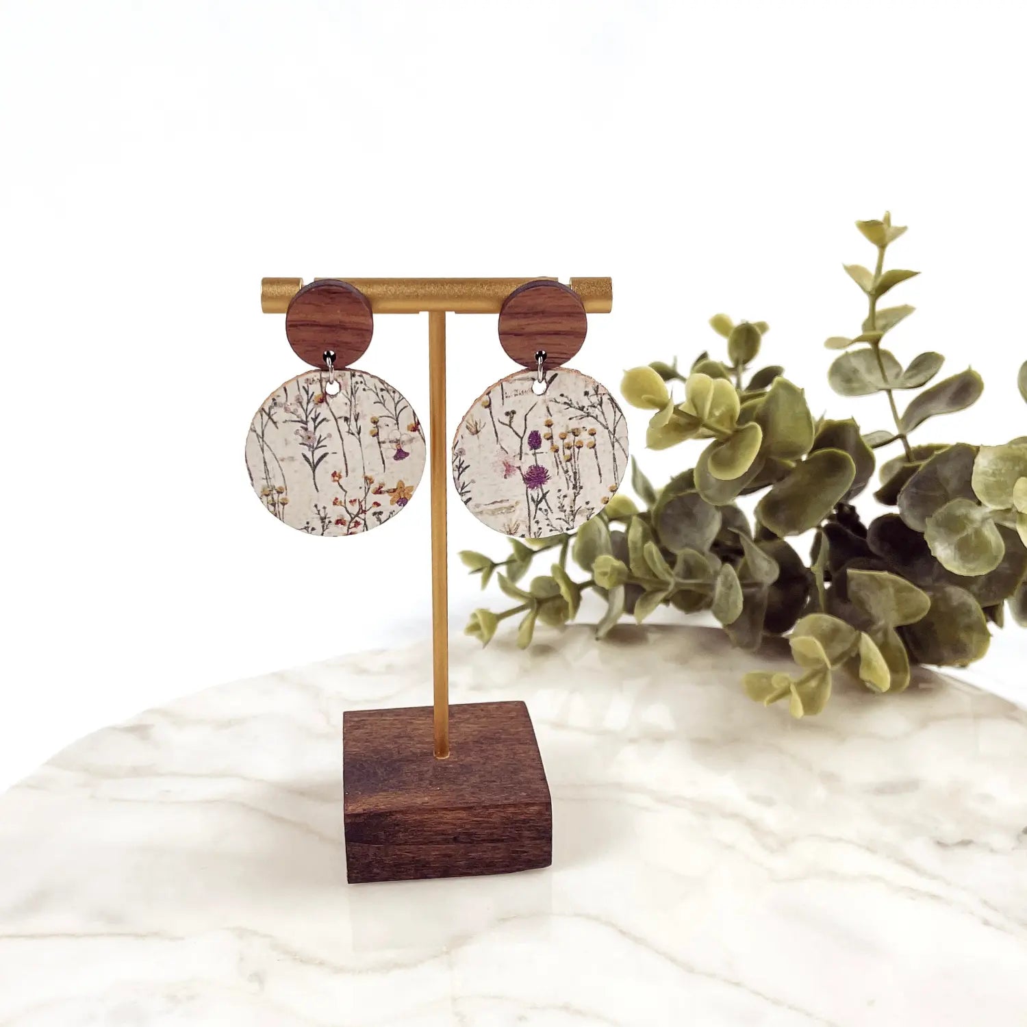 Liyra Cork and Walnut Wood Circle Earrings- Wildflowers