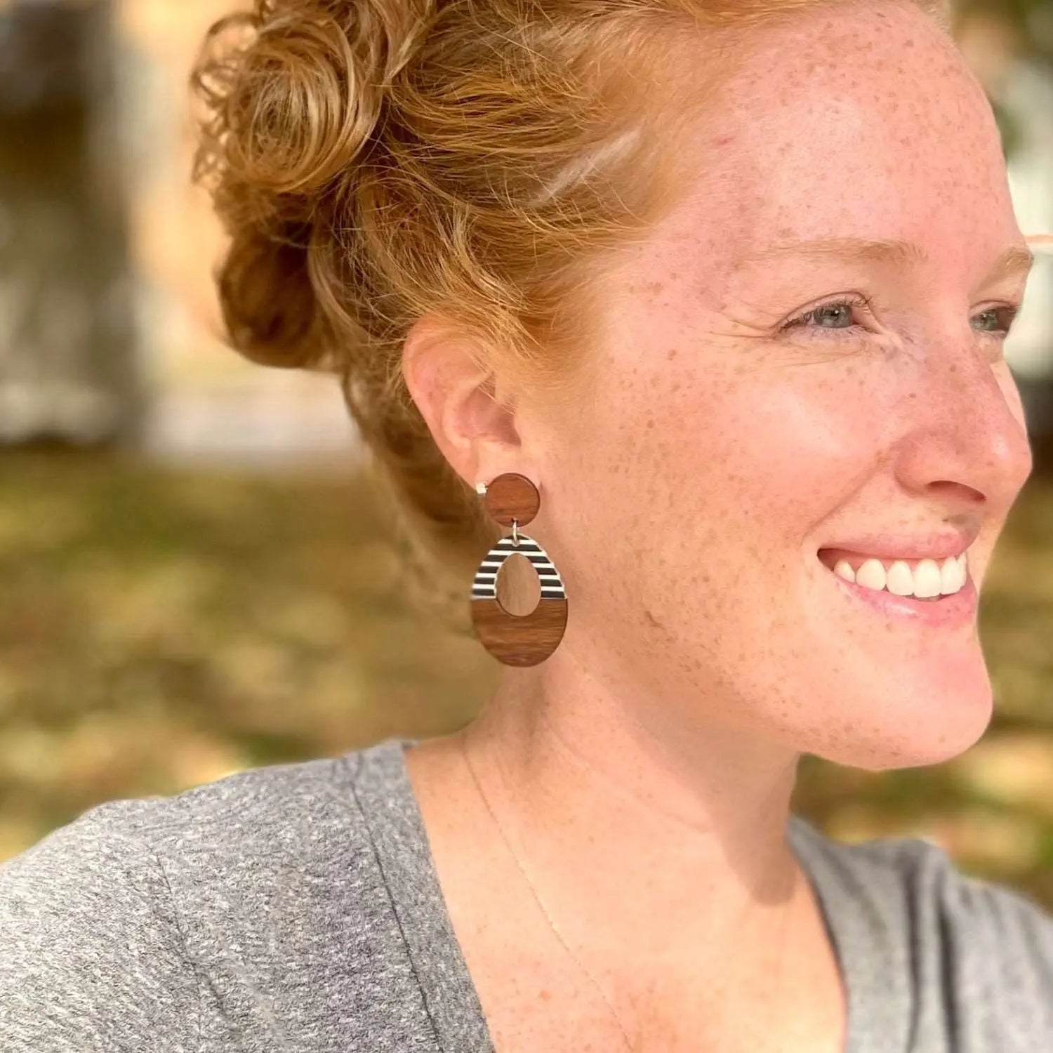 Luna Wood and Resin Dangly Earrings-Black & White Striped