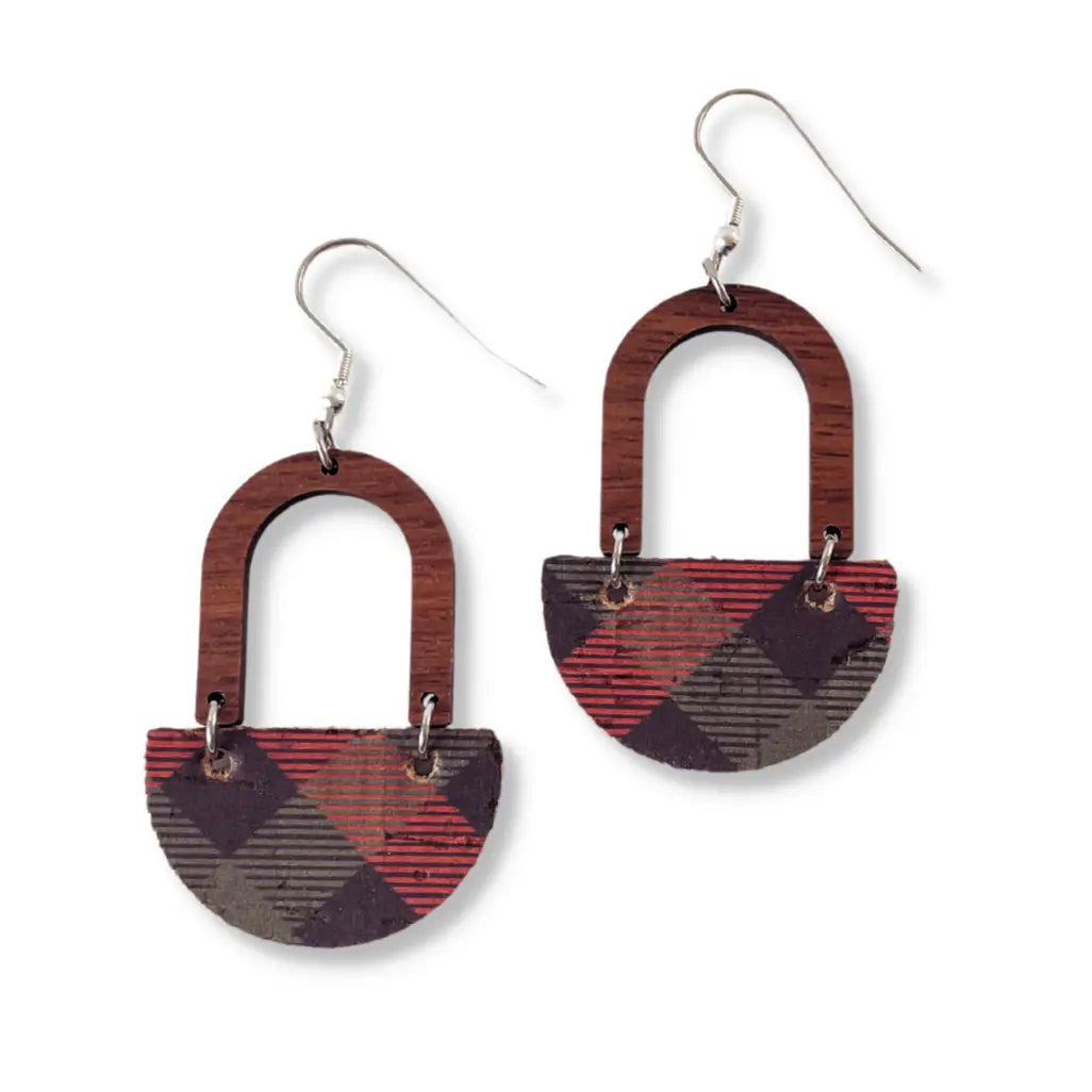 Stella Walnut Wood Arch and Buffalo Plaid Cork Earrings Creek + Elm