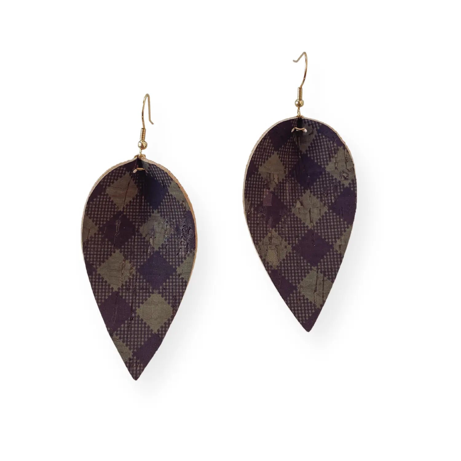 Henley Green Buffalo Plaid Cork Dangly Leaf Earrings Creek + Elm