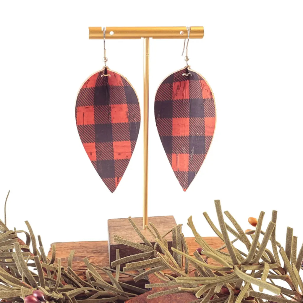 Henley Red Buffalo Plaid Cork Dangly Leaf Earrings Creek + Elm