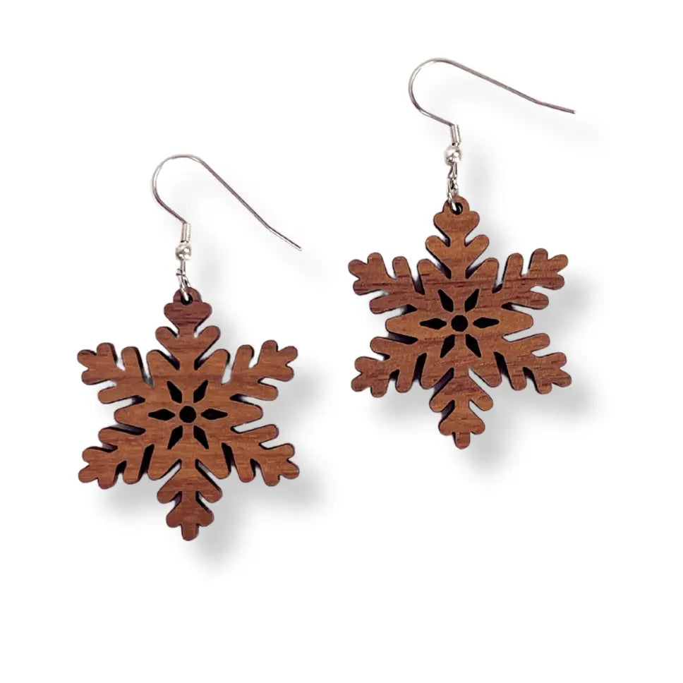 Snowflake Wood Dangle Earrings- Walnut Creek + Elm