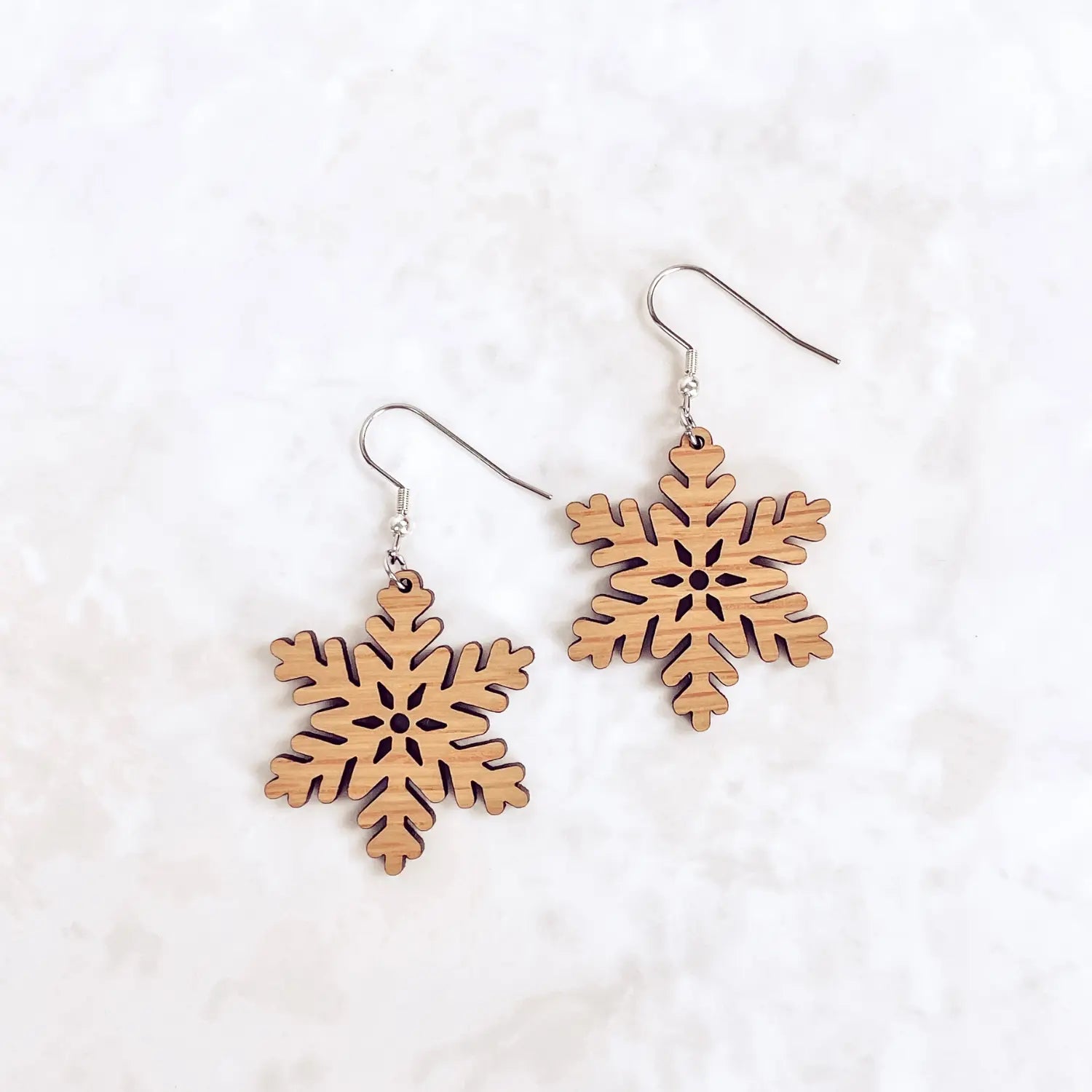 Snowflake Wood Dangle Earrings- White Oak Creek + Elm