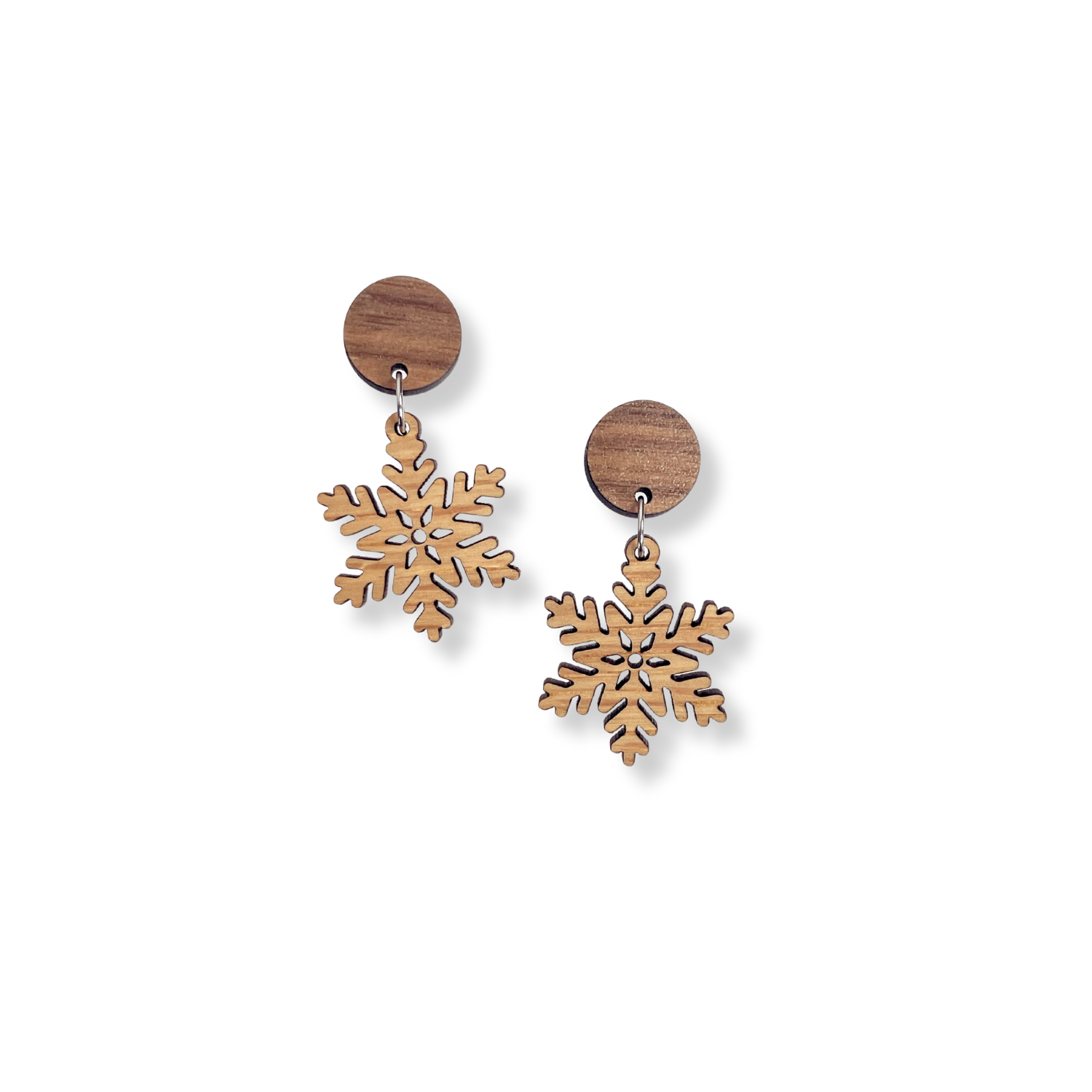 Snowflake and Walnut Wood Circle Earrings- White Oak