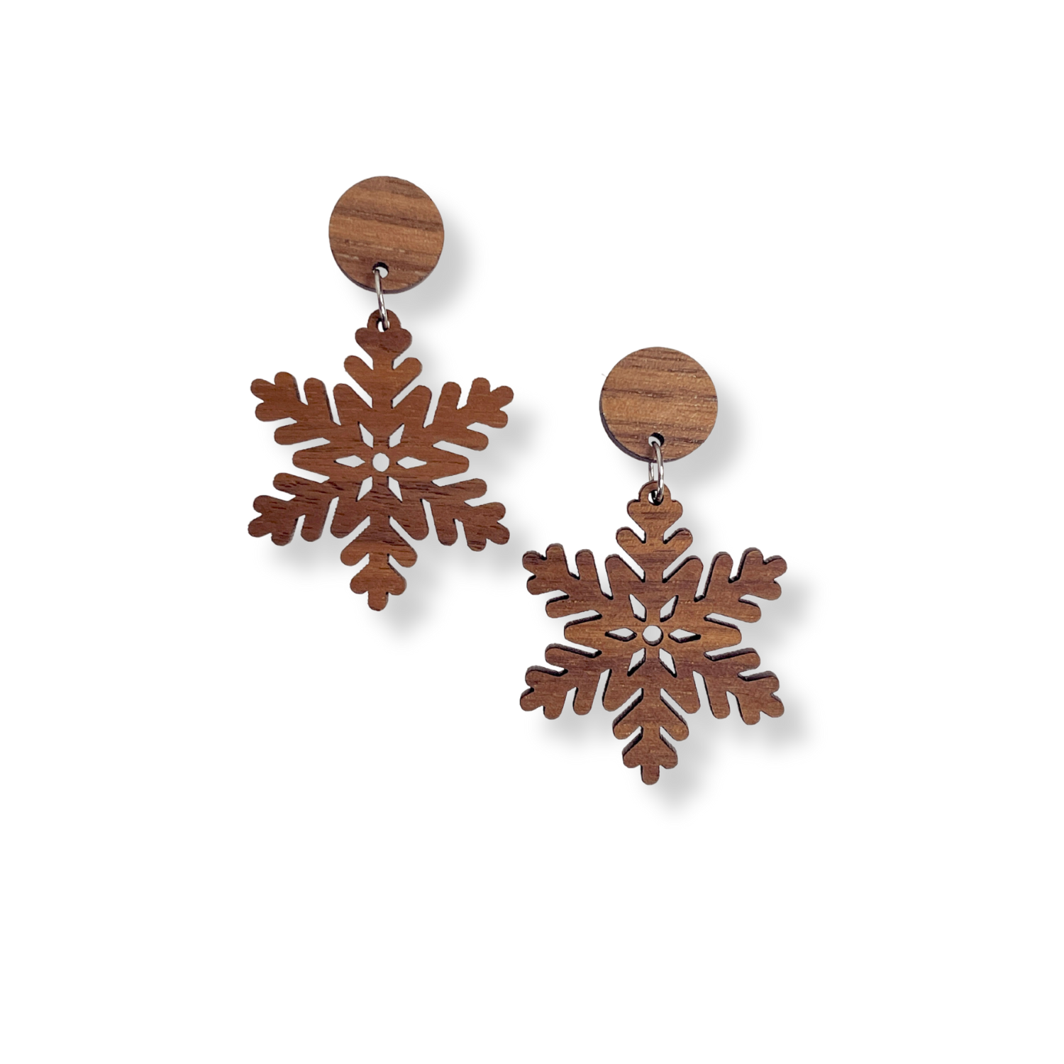 Snowflake and Walnut Wood Circle Earrings- Walnut
