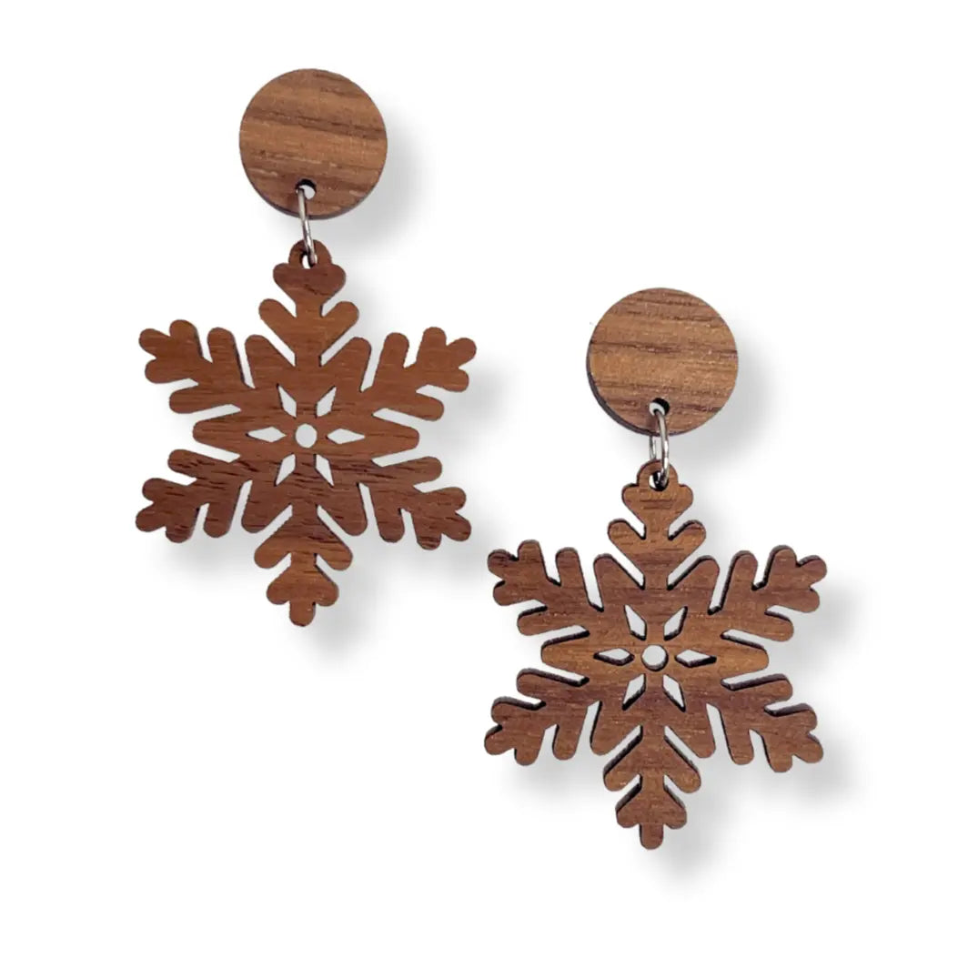 Snowflake and Walnut Wood Circle Earrings- Walnut Creek + Elm