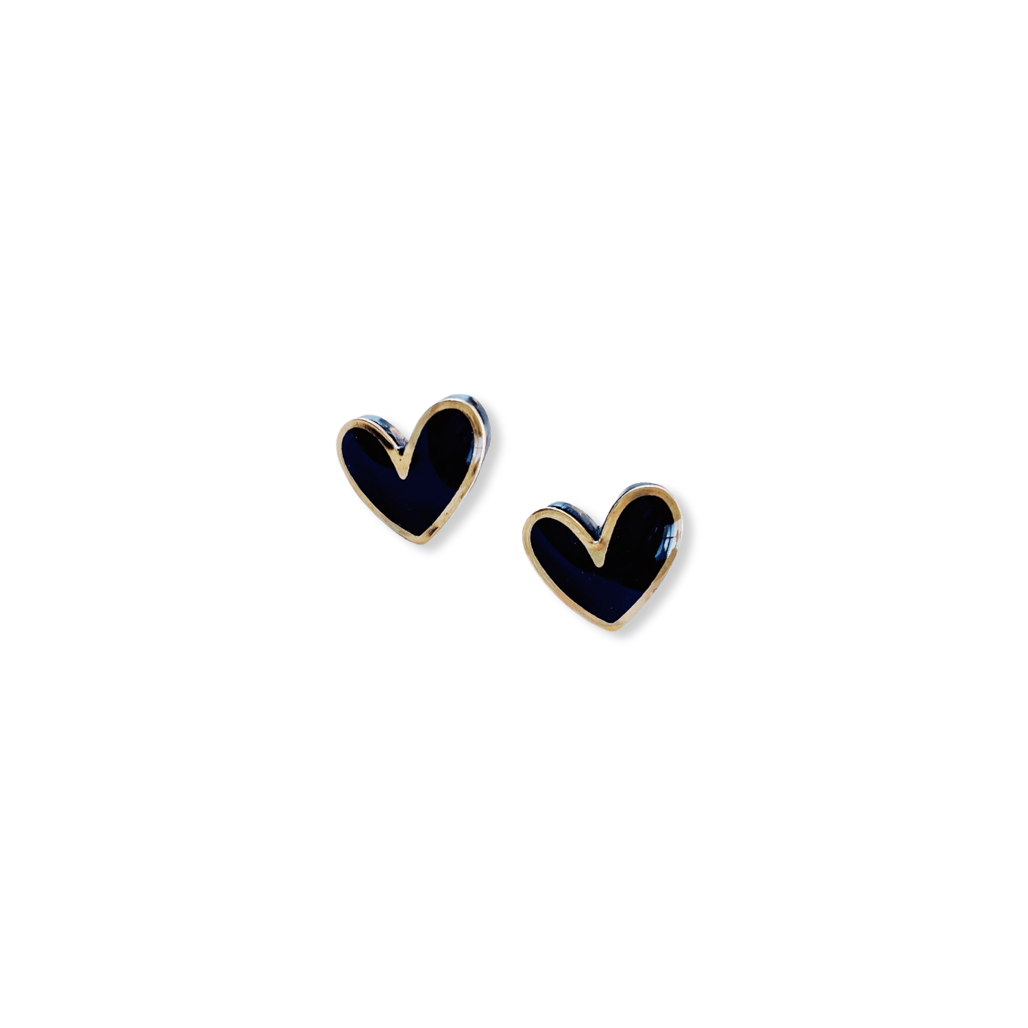 Polymer Clay Heart Stud Earrings with Gold Accent- Elegant Black