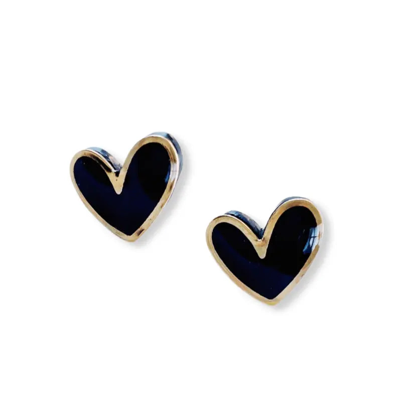 Polymer Clay Heart Stud Earrings with Gold Accent- Elegant Black Creek + Elm