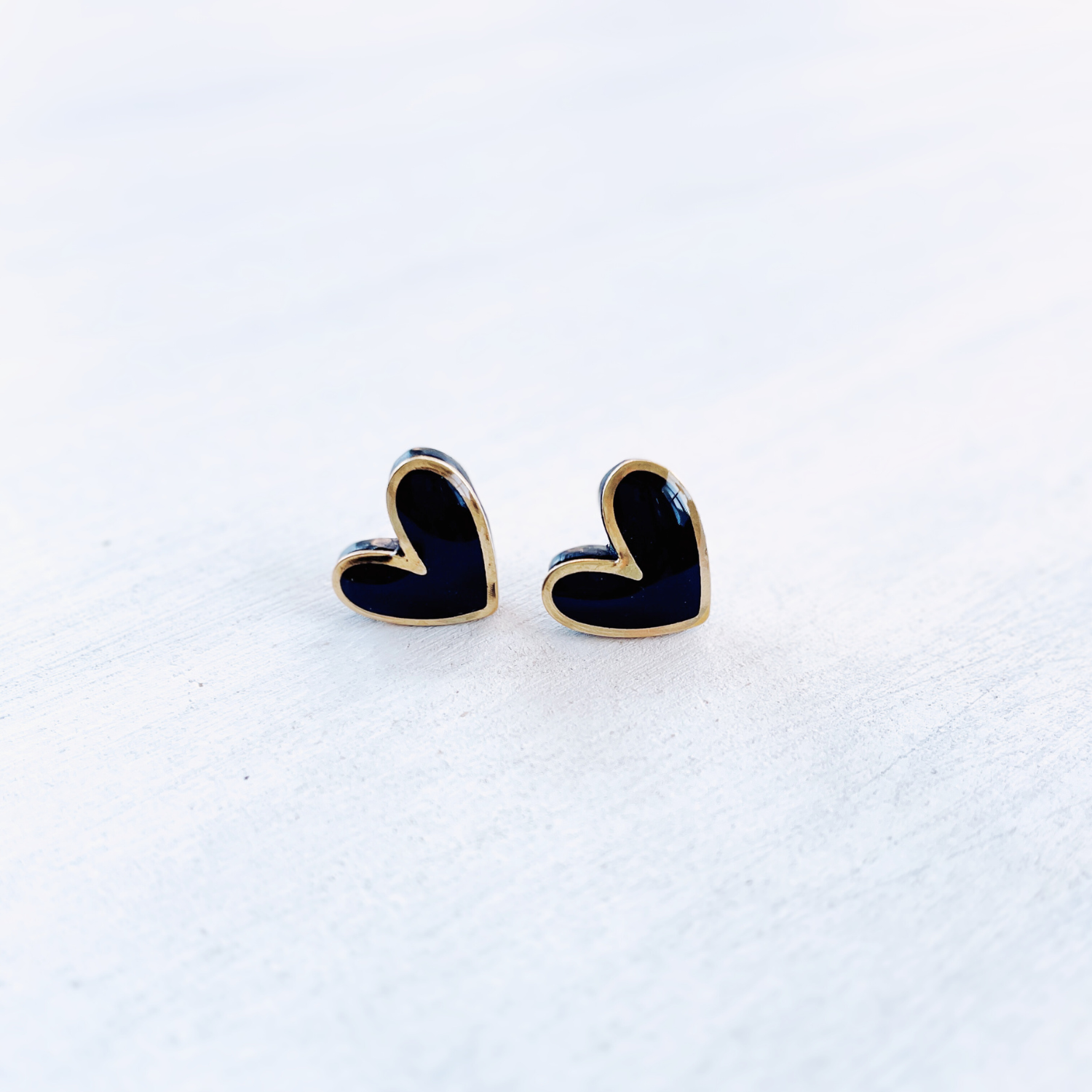 Polymer Clay Heart Stud Earrings with Gold Accent- Elegant Black