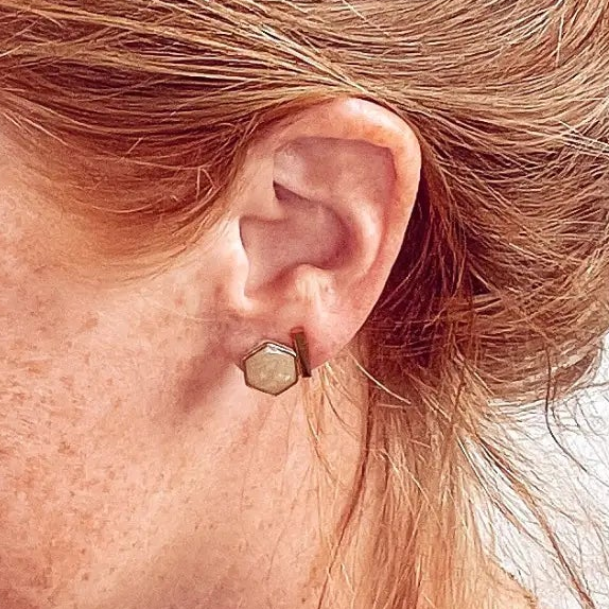 Close up of the Gold stainless steel bar stud earrings 