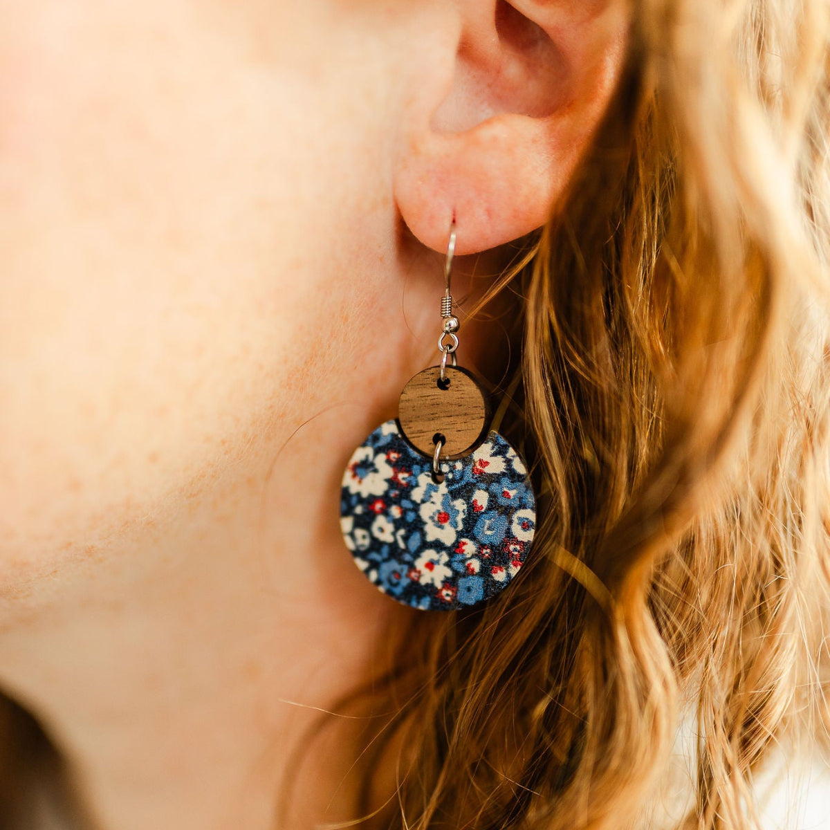 Close up look of the Cora Patriotic Poppies cork and walnut earrings
