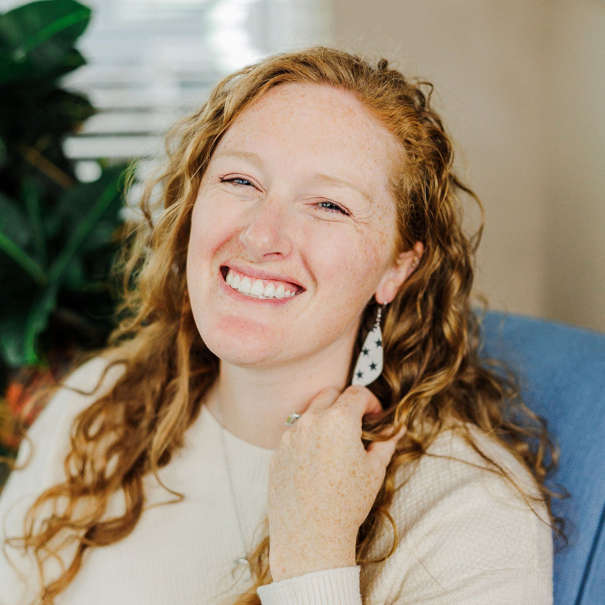 Woman smiling on camera