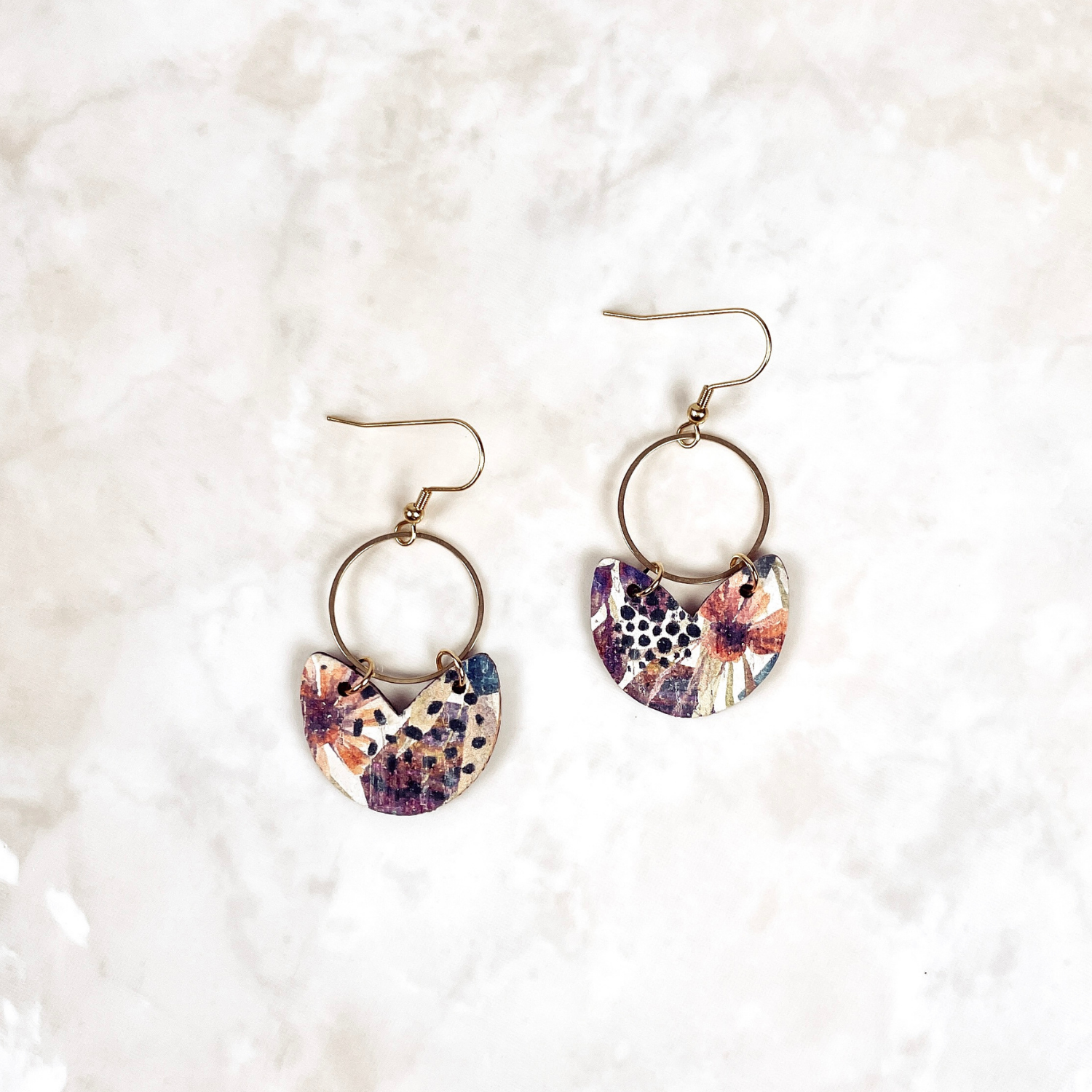 Amelia Cork and Gold Accent Dangly Earrings-Autumn Floral
