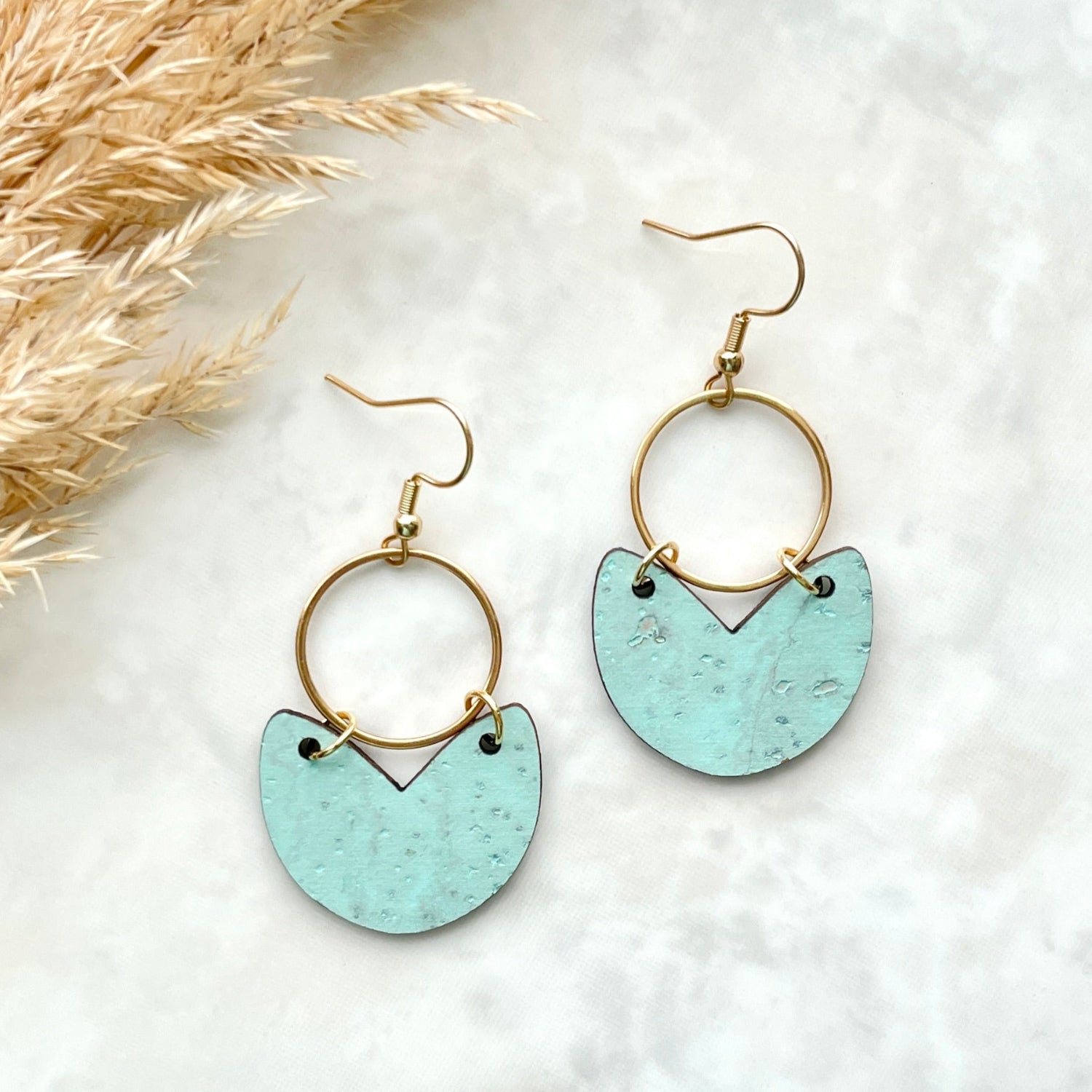 Amelia Cork and Gold Accent Dangly Earrings-Seafoam Green