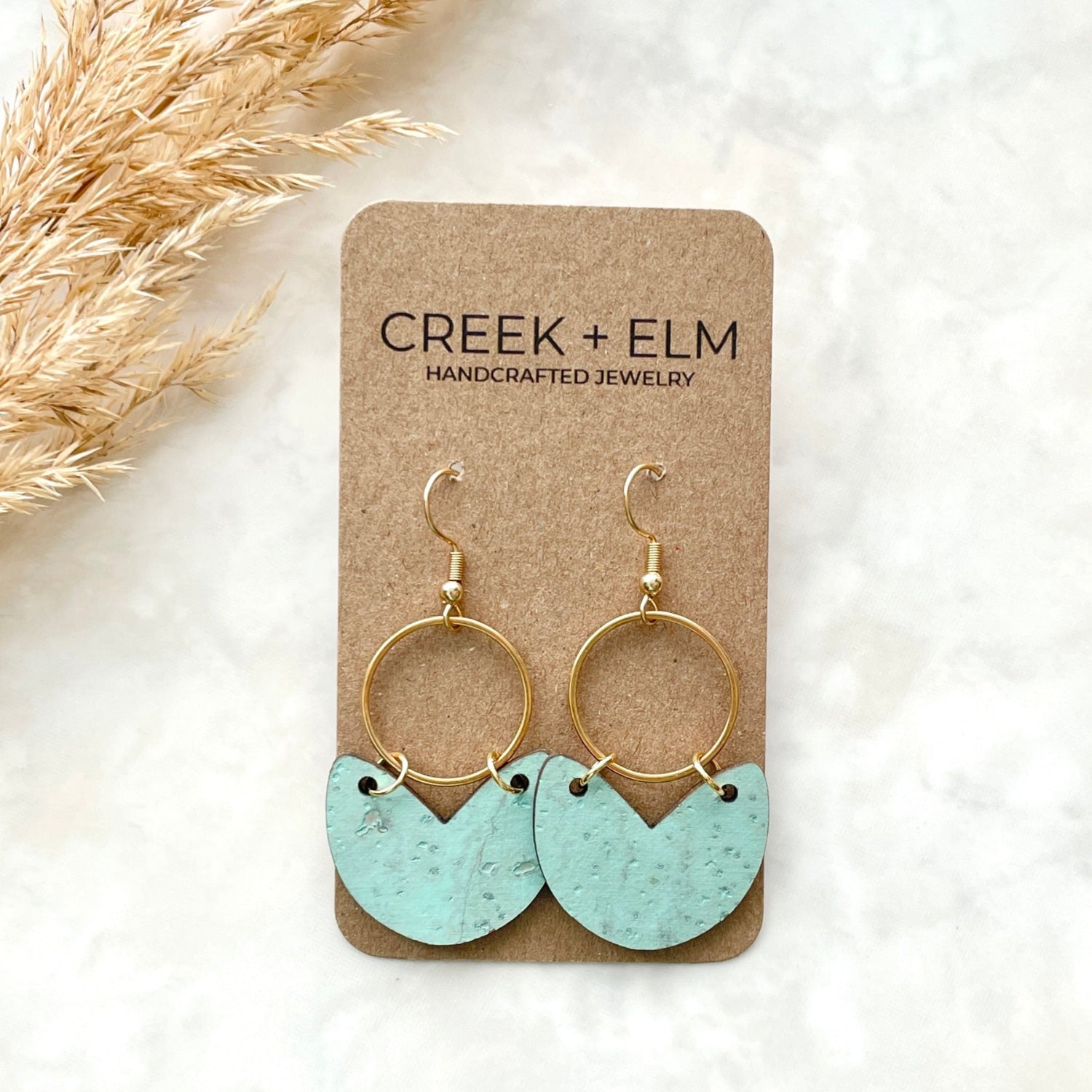 Amelia Cork and Gold Accent Dangly Earrings-Seafoam Green