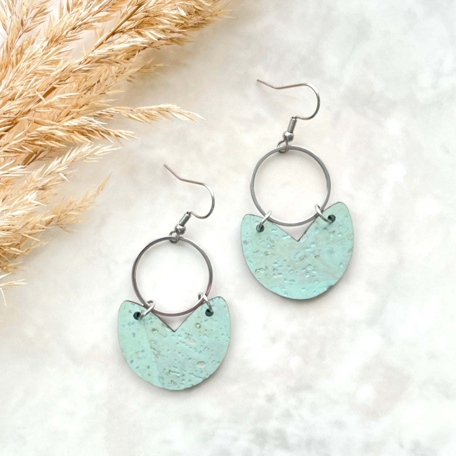 Amelia Cork and Gold Accent Dangly Earrings-Seafoam Green