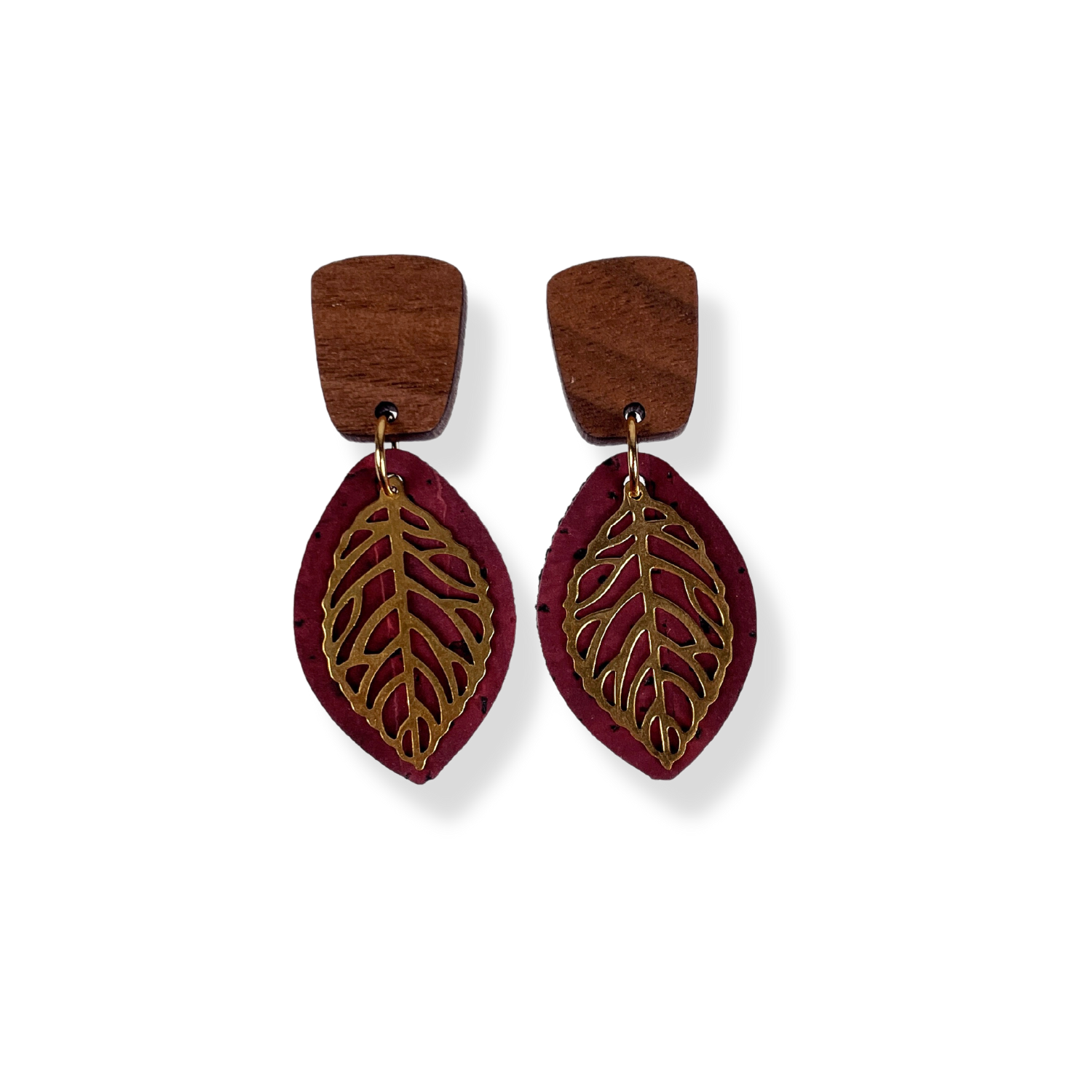 Aspen Walnut Wood and Cork Earrings- Burgundy