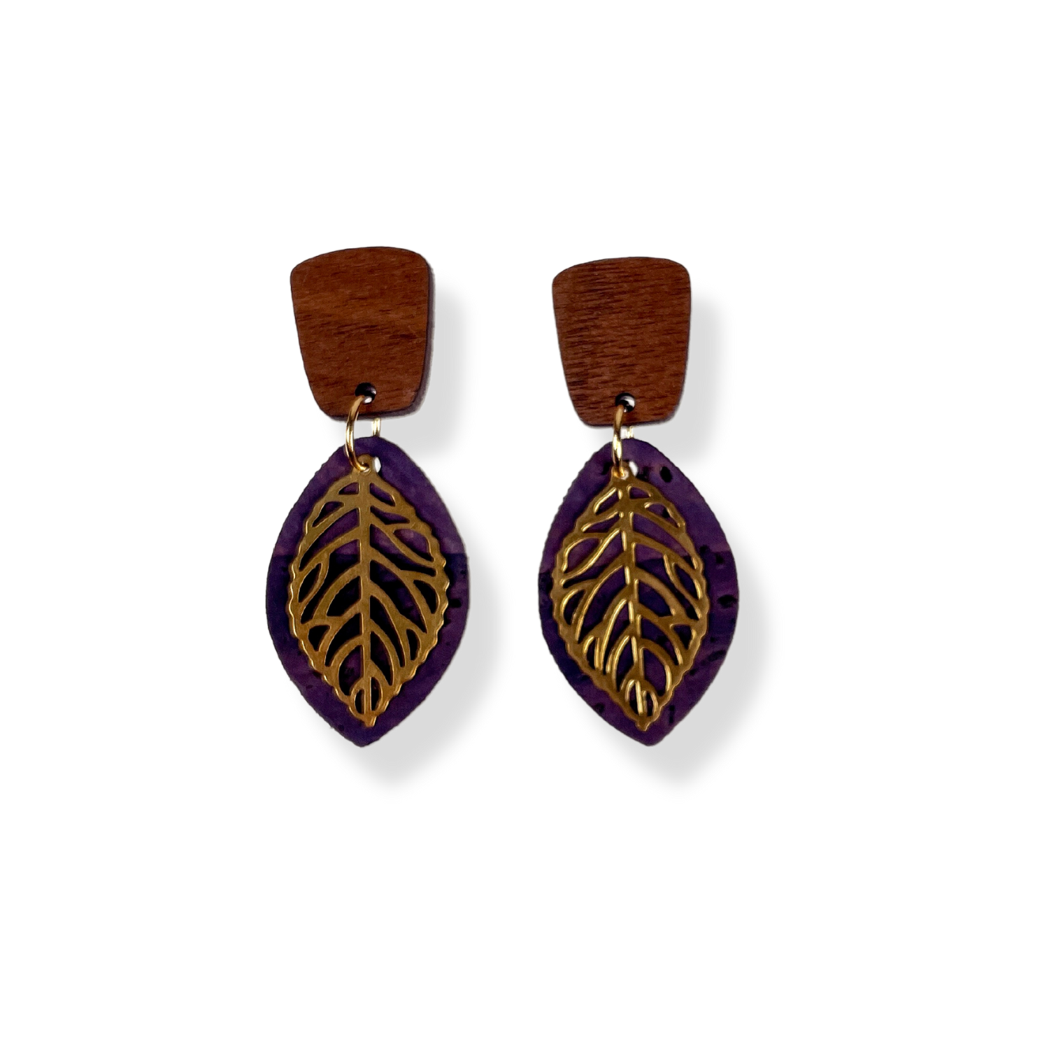 Aspen Walnut Wood and Cork Earrings- Eggplant