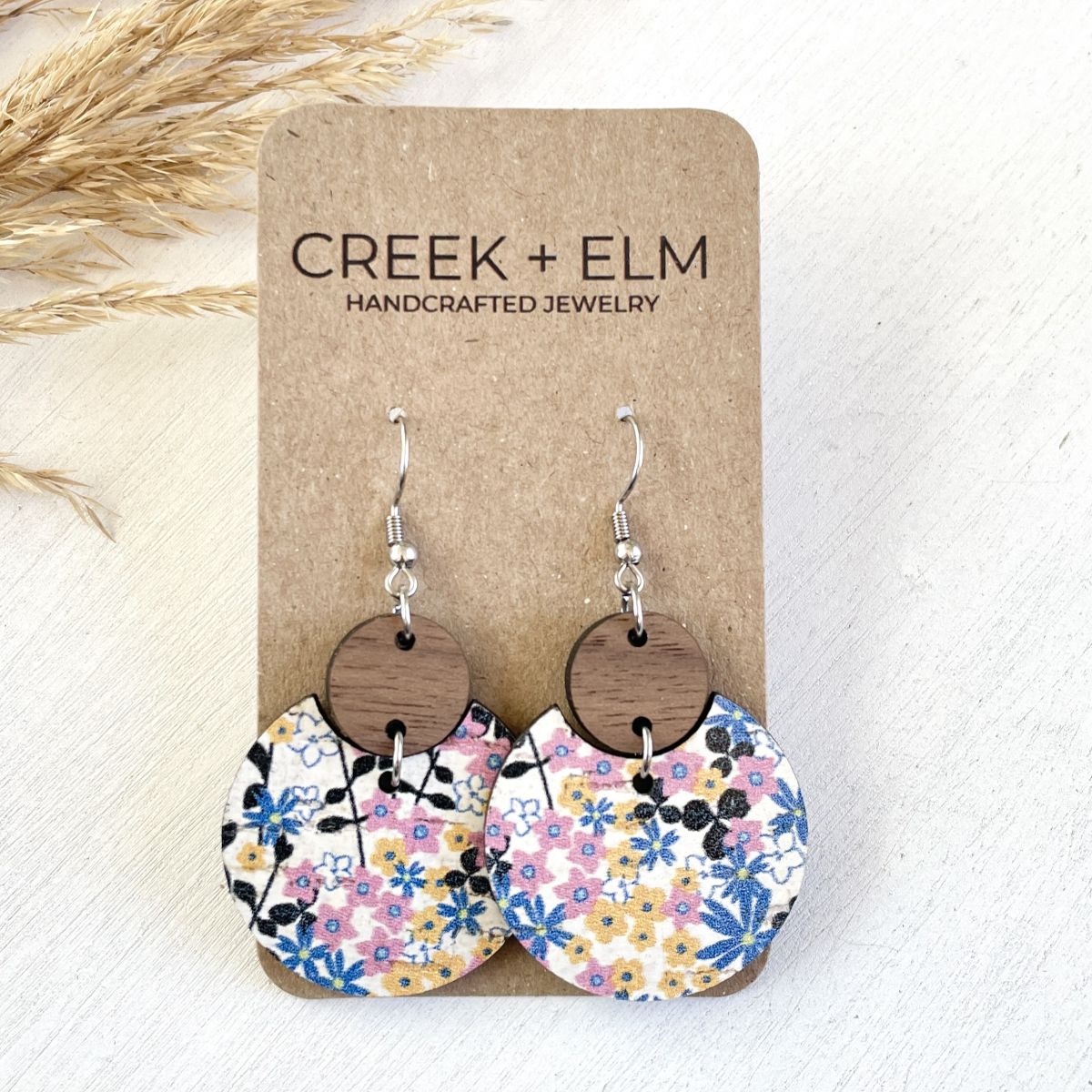 Cora heirloom floral cork and walnut earrings with natural wood detail