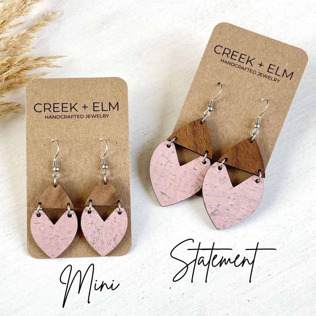 Scarlett Cork + Wood Heart Earrings- Blush Pink