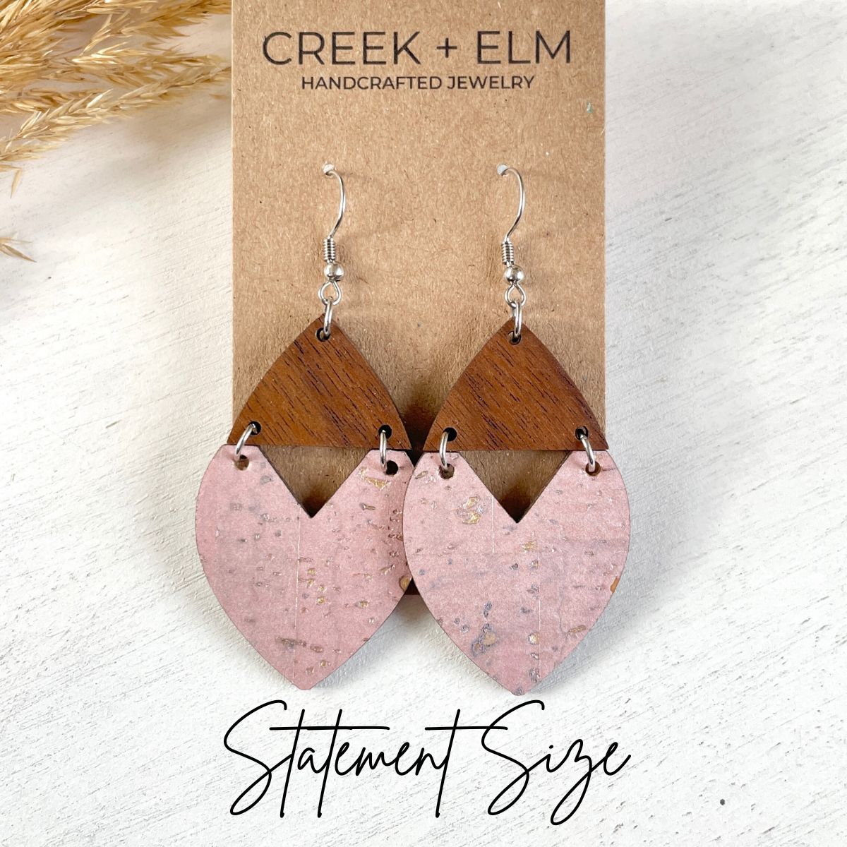 Scarlett Cork + Wood Heart Earrings- Blush Pink