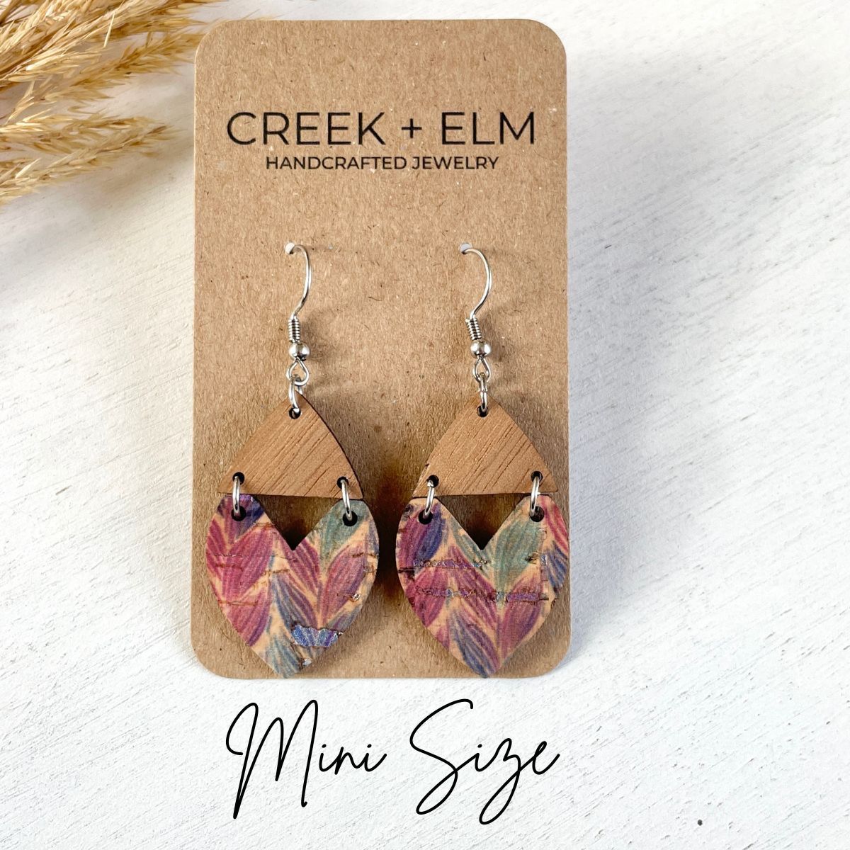 Mini size of the Scarlett braided pastel cork and walnut heart earrings 