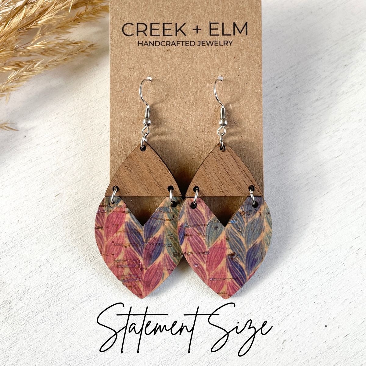 Statement Size of the Scarlett braided pastel cork and walnut heart earrings