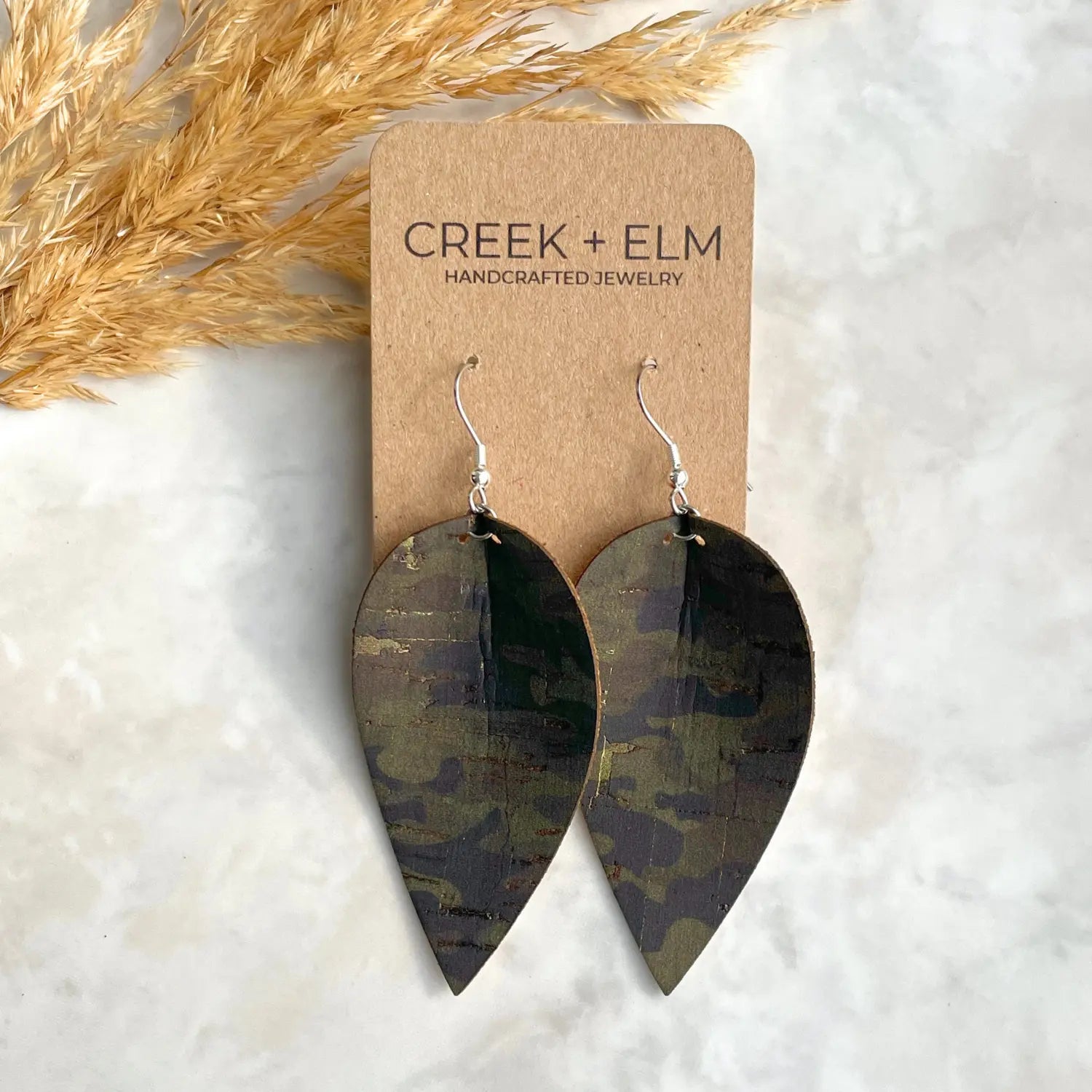 Henley Cork Dangly Leaf Earrings-Camo Creek + Elm