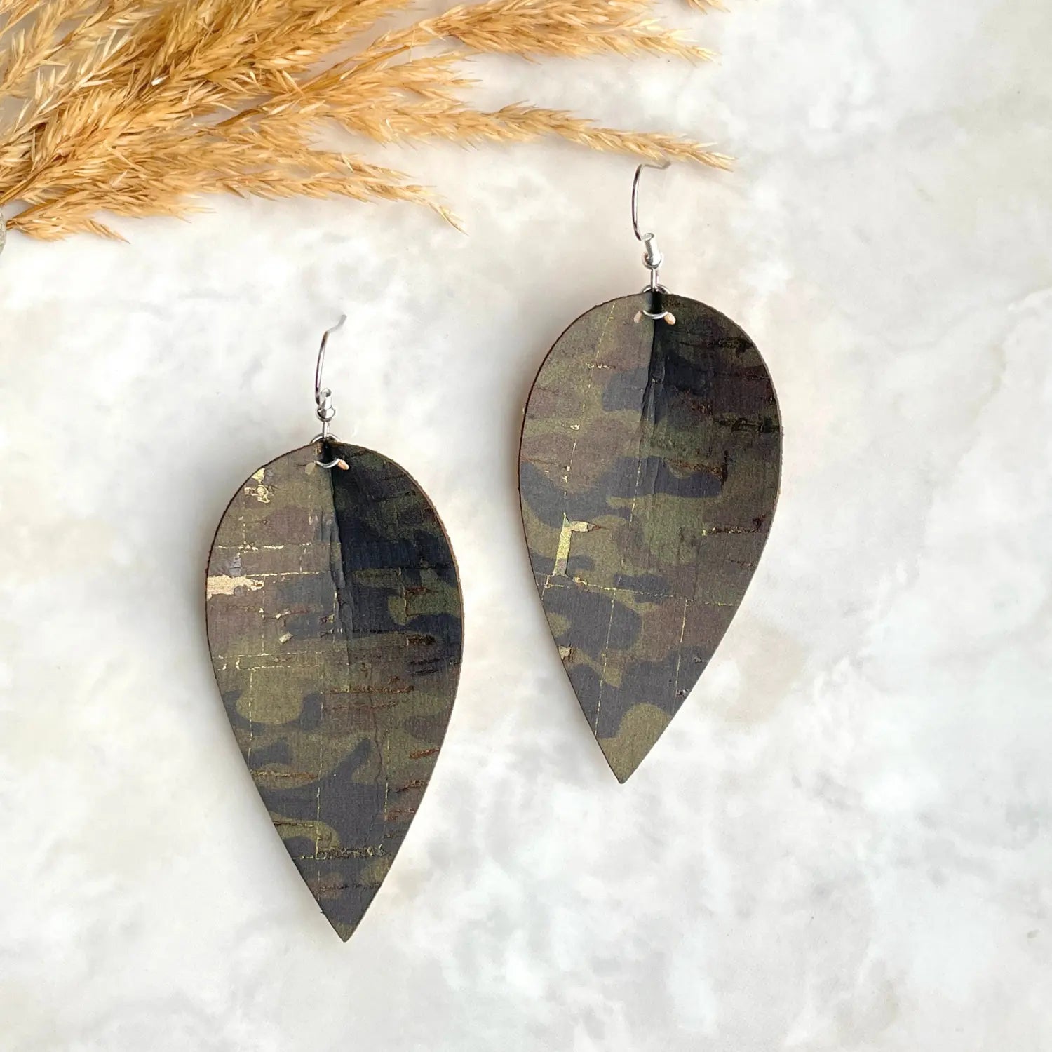 Henley Cork Dangly Leaf Earrings-Camo Creek + Elm