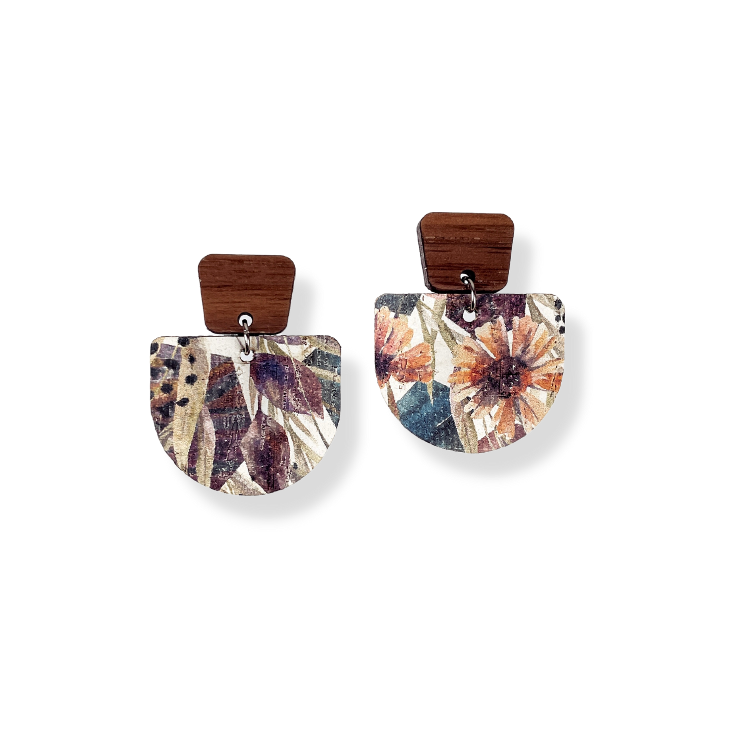 Charlie Walnut Wood and Cork Earrings- Autumn Floral