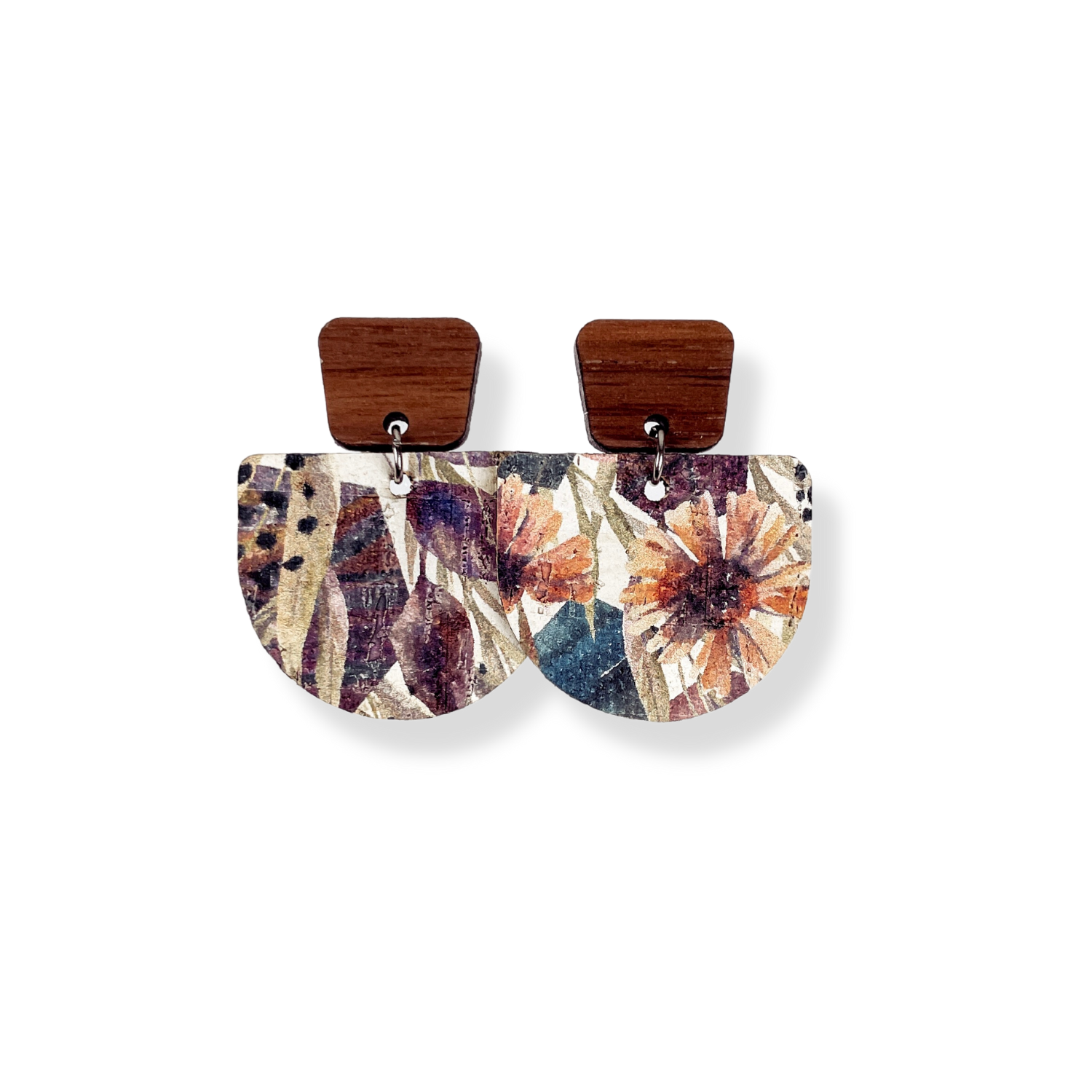 Charlie Walnut Wood and Cork Earrings- Autumn Floral