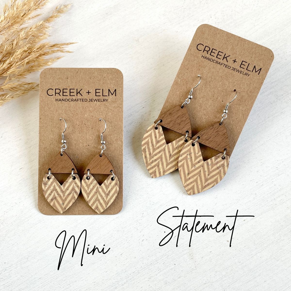 Scarlett Cork + Wood Heart Earrings- Chevron