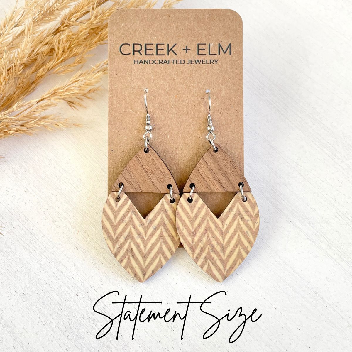 Scarlett Cork + Wood Heart Earrings- Chevron