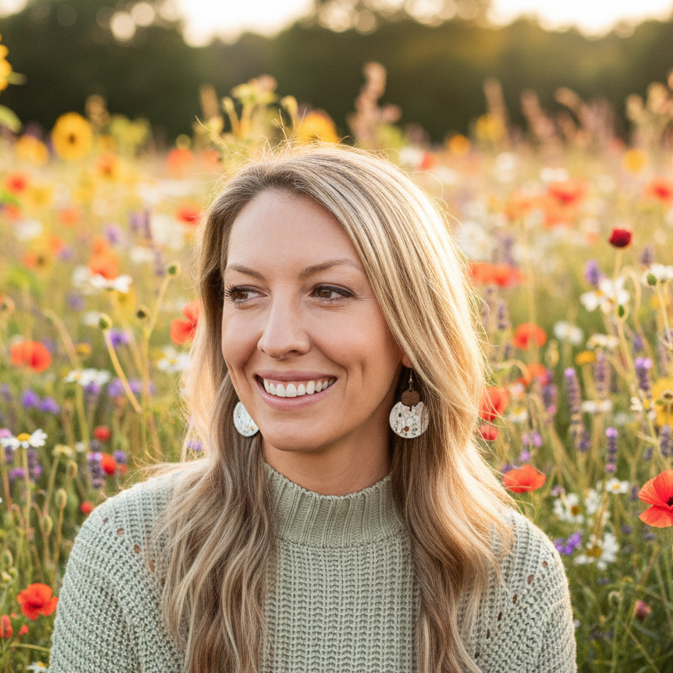 woman in cora wildflower cork earrings sitting in a field of wildflowers looking into the distance