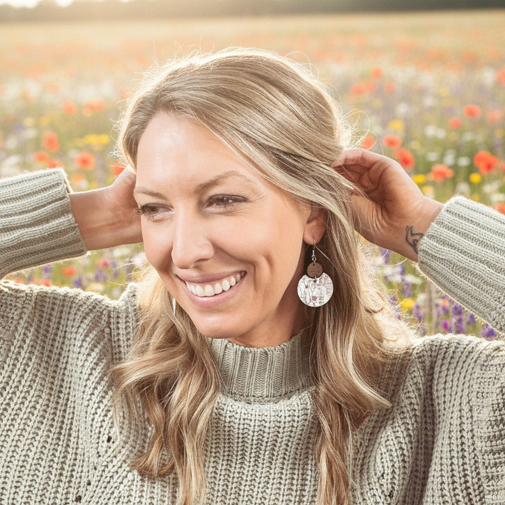 woman in a field of wildflowers with her arms up wearing cora cork wildflower earrings