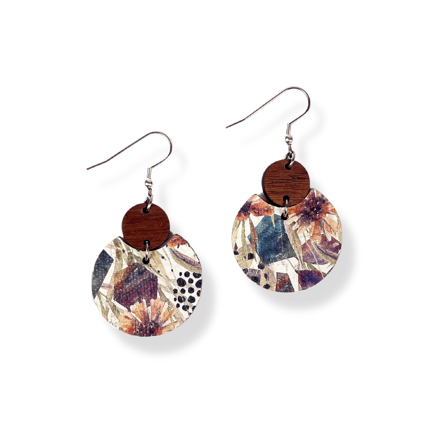 Cora Walnut Wood and Cork Earrings- Autumn Floral at