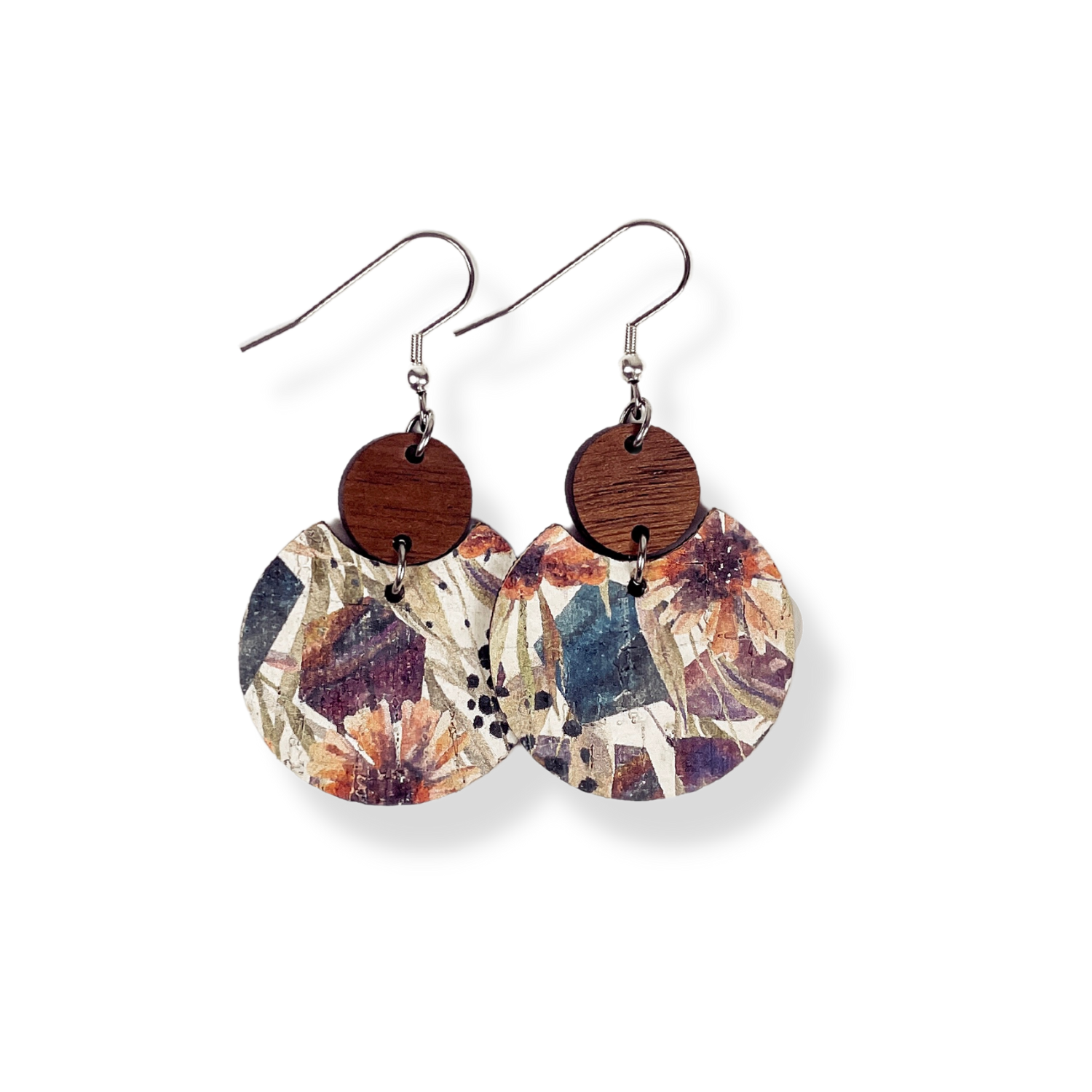 Cora Walnut Wood and Cork Earrings- Autumn Floral at