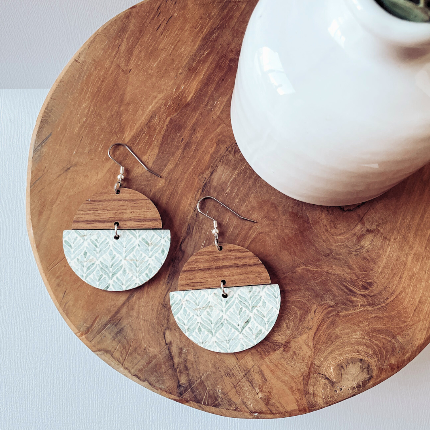 Everly Cork and Wood Handcrafted Round Earrings-Teal Modern