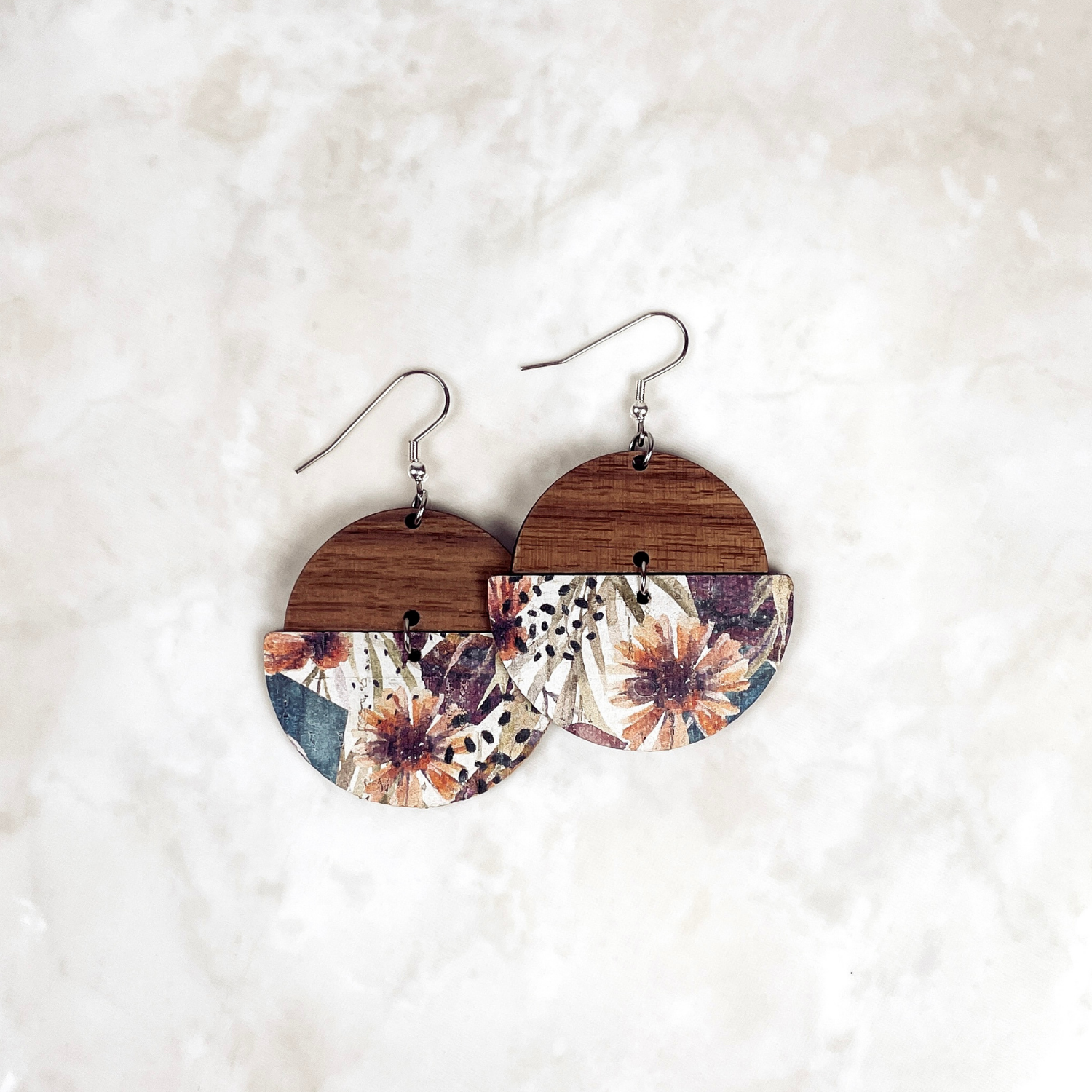 Everly Cork and Wood Handcrafted Round Earrings-Autumn Floral