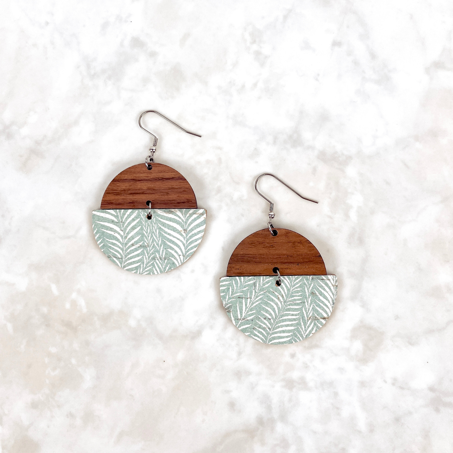 Everly Cork and Wood Handcrafted Round Earrings-Teal Leaves