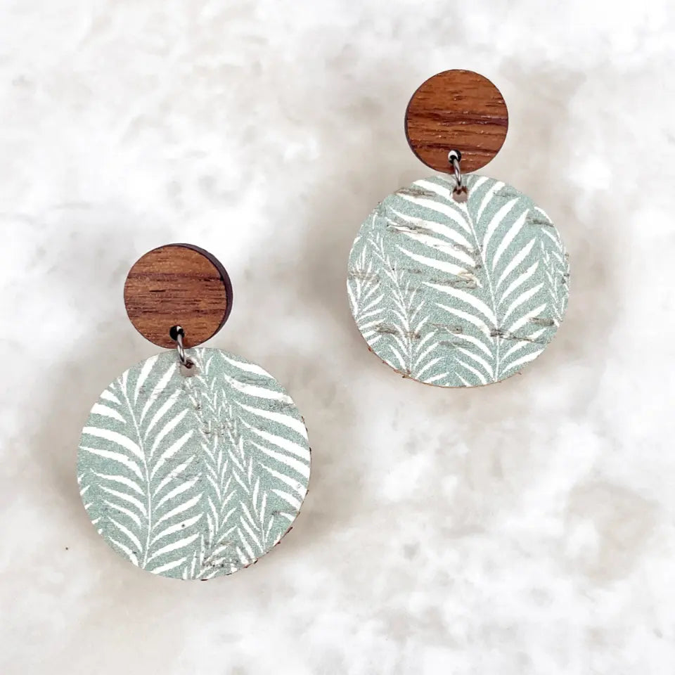 Liyra Cork and Walnut Wood Circle Earrings-Teal Leaves Creek + Elm