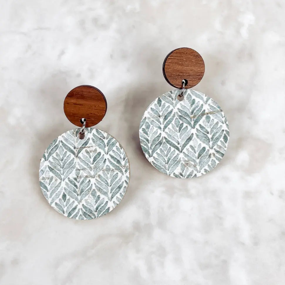 Liyra Cork and Walnut Wood Circle Earrings-Teal Modern Creek + Elm