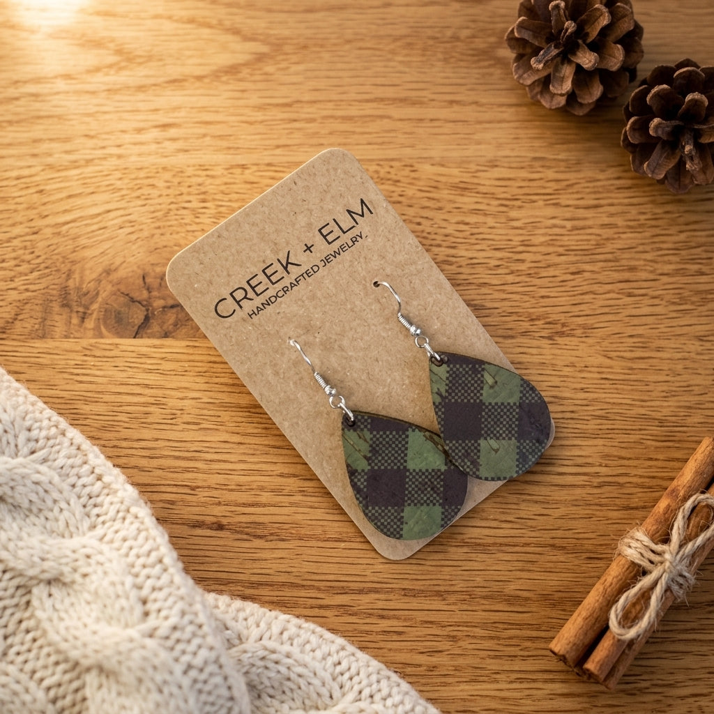green buffalo check cork christmas earrings