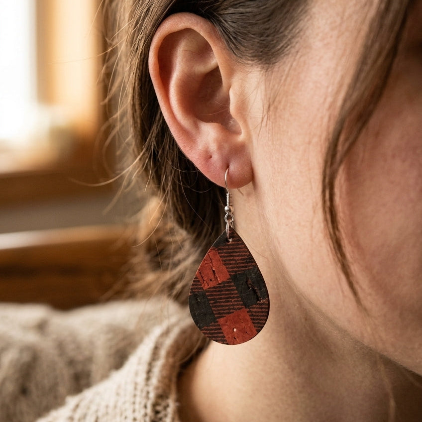 on ear red buffalo check cork teardrops