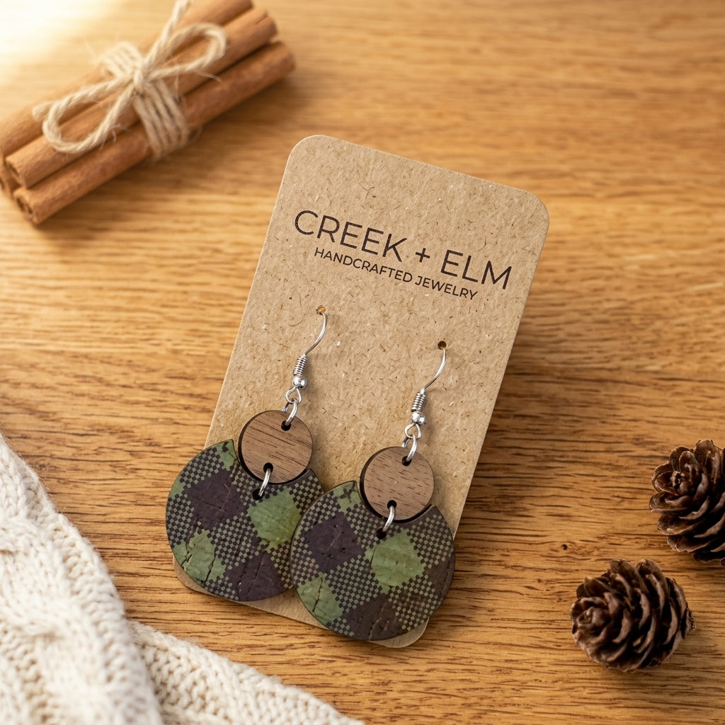 lightweight cork and walnut green buffalo plaid holiday earrings