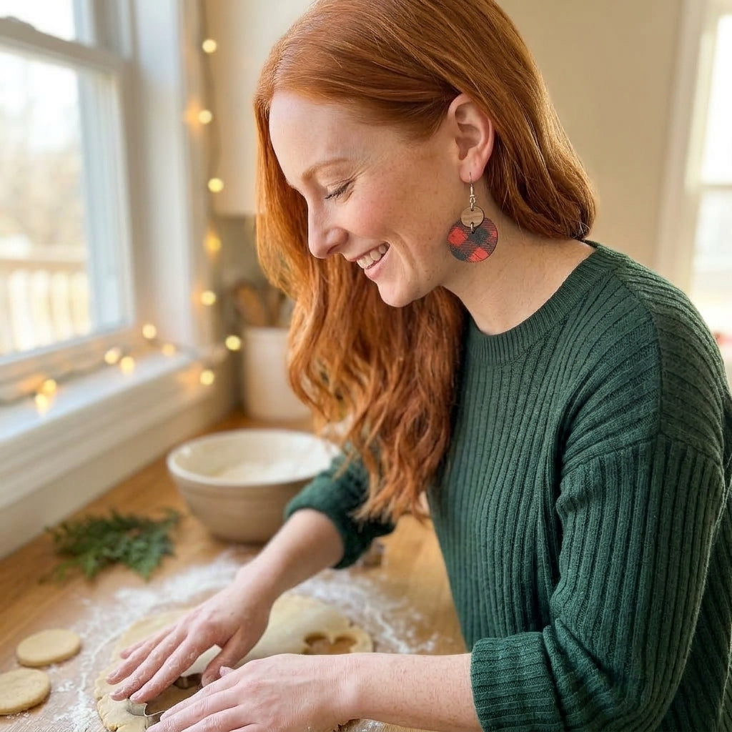 model wearing cork and walnut buffalo plaid holiday earrings